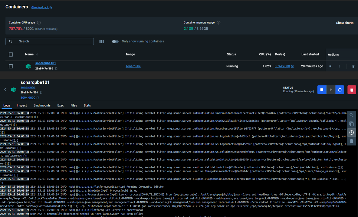 Capture d'écran de Docker Desktop montrant la section 'Containers' (conteneurs) avec le conteneur en cours d'exécution